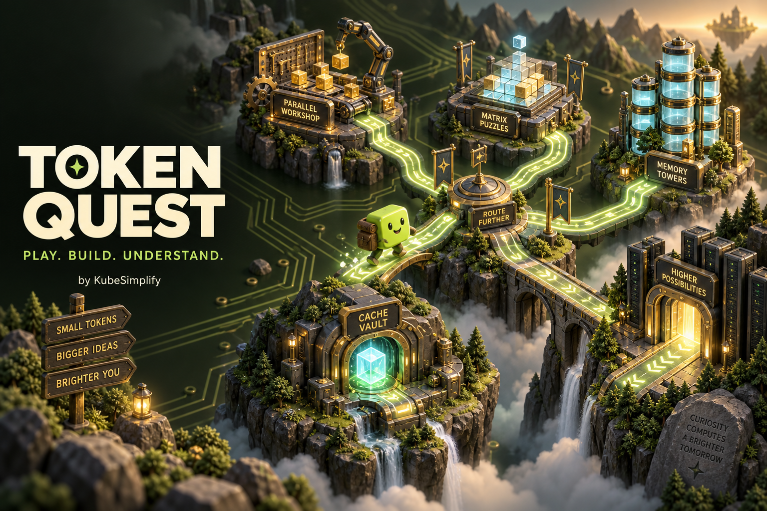 Fictional Token Quest adventure world: a token crosses bridges between parallel-work, matrix, memory and cache islands.
